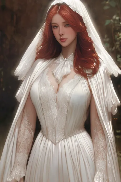 Beautiful redhead (angel:1.0), wearing a white lace hooded cloak, [:erotic:.2] fantasy art, concept art, delicate features, feminine, Chiaroscuro , (style of howard chandler christy:1.0), 8k, highest quality, ( masterpiece by jean-joseph benjamin-constant:...