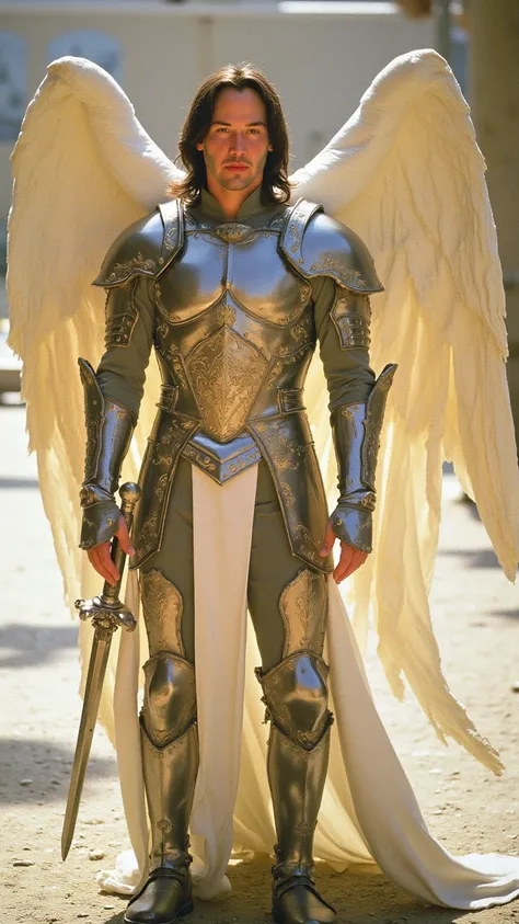 Keanu Reeves reimagined as a majestic angel Gabriel with large angel wings､1 male､ long, dark hair flowing over his shoulders, a chiseled face with deep, intense eyes, and a calm yet commanding expression､He wears sophisticated angelic battle armor of poli...