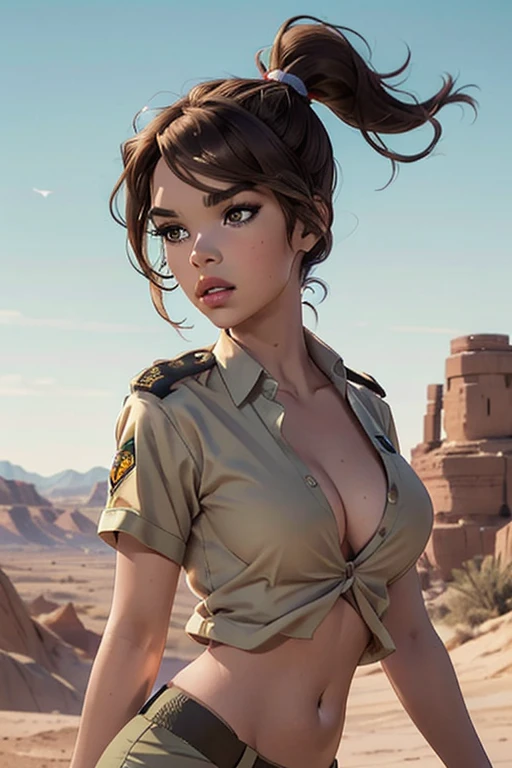 Hailee Steinfeld, hazel eyes, brown ponytail hair, round breasts, beautiful detailed eyes, beautiful detailed lips, beautiful detailed nose, long eyelashes, "A stunning female officer in a form-fitting khaki uniform, stunning body, athletic body, with a sc...