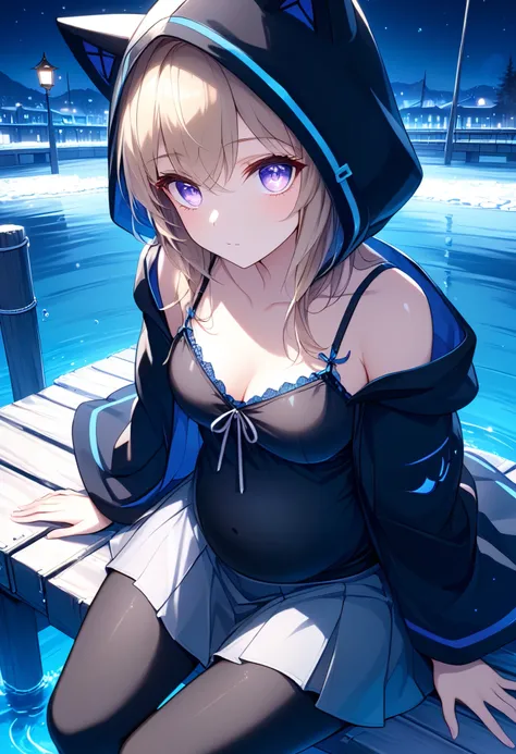 High Resolution, High Quality, High Detail, frozen dock, night, 1girl, blonde hair, violet eyes, medium breasts, black cat hood, black cloak, black camisole with blue trim, grey skirt, black leggings, sandals, looking at viewer, arms behind back, reaching ...