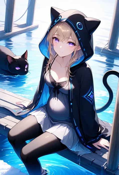 High Resolution, High Quality, High Detail, frozen dock, night, 1girl, blonde hair, violet eyes, medium breasts, black cat hood, black cloak, black camisole with blue trim, grey skirt, black leggings, sandals, looking at viewer, arms behind back, reaching ...