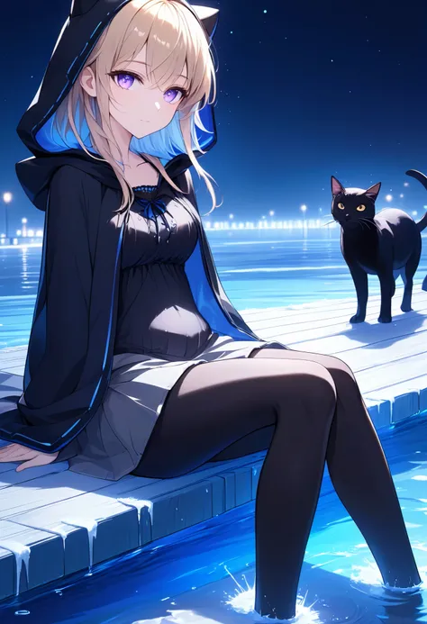 High Resolution, High Quality, High Detail, frozen dock, night, 1girl, blonde hair, violet eyes, medium breasts, black cat hood, black cloak, black camisole with blue trim, grey skirt, black leggings, sandals, looking at viewer, arms behind back, reaching ...