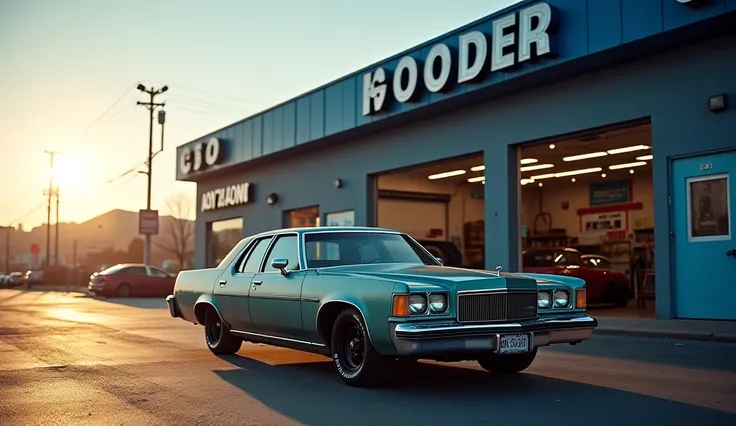  "A weathered sedan parked in front of an auto repair shop early morning, with soft dawn light creating long shadows. The car is positioned to show both the vehicle and the shop's professional facade with its signature blue and silver signage. Cinematic co...