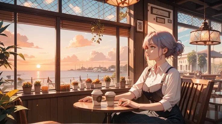  very high resolution ,masterpiece, best quality, A lonely woman is looking out the window drinking coffee at a cafe, Sunset