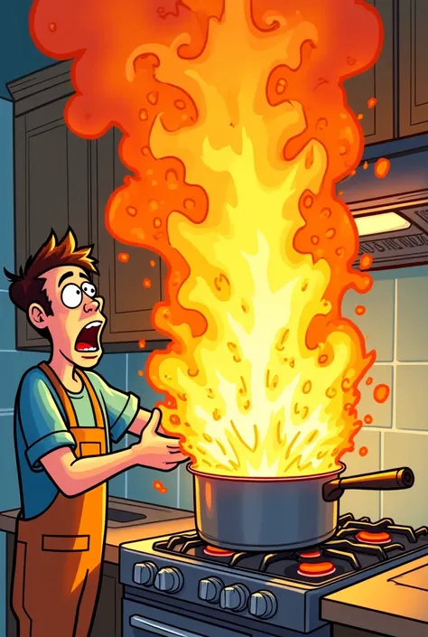 A cartoon-style illustration of a man in a kitchen accidentally pouring water on a grease fire in a pot, causing massive flames to rise dramatically. The fire expands wildly, with exaggerated bright orange and yellow flames. The man's face shows extreme sh...