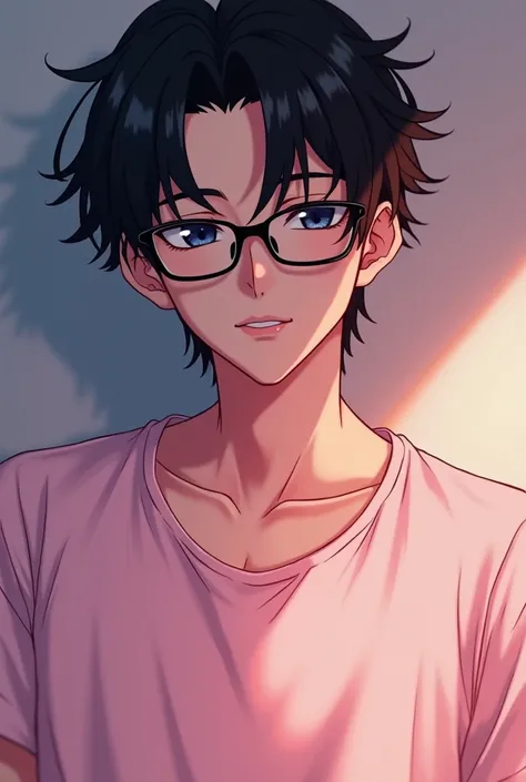 27 year old anime boy ,  marked curls  , black hair and glasses posing sexy and relaxed with light pink t-shirt