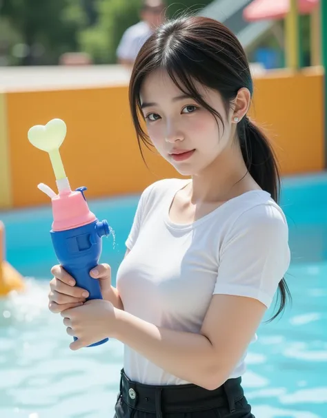 ( super cute busty Korean college girl is playing with a water gun:1.2)( laughing out loud :1.2)(16k,  RAW photos ,  top quality,  Masterpiece: 1.2),( glossy black hair cute bun hair )  Super Detail,  super resolution on the floor, (Genuine, Genuine photos...