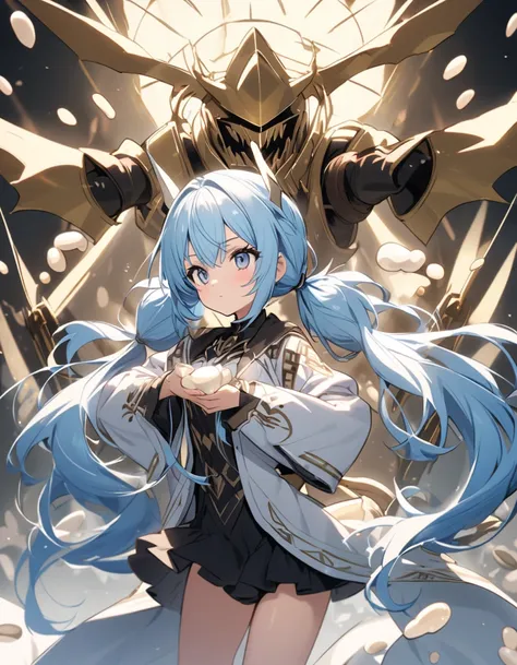 A beautiful girl with long light blue hair and twin tails throws white beans and exterminates demons.