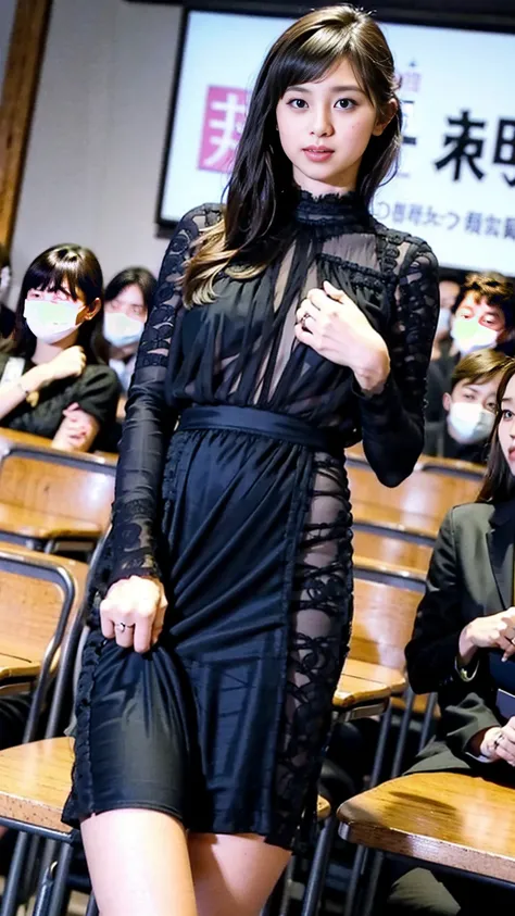 Female teacher urinates、 female teacher pees at graduation 、 Pee Leaking、 pee yourself 、 lots of pee 、from below、  staring at the audience 、 black suit 、 black miniskirt、 high heels、 perfect figure、 so beautiful、Japanese female teacher、 skirt tag 、学校の体育館で卒...