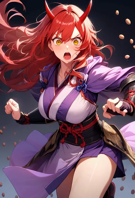 (masterpiece),(absurdres),(ultra detailed),(beautiful detailed),anime:1.4,( solo woman),(26-year-old),(big breast:0.9),(wavy hair:0.7),(long red hair:1.1),hair between eyes,(()),(yellow eyes),(()),(armor),samurai,(purple kimono:1.2),(()),(red horns of a On...