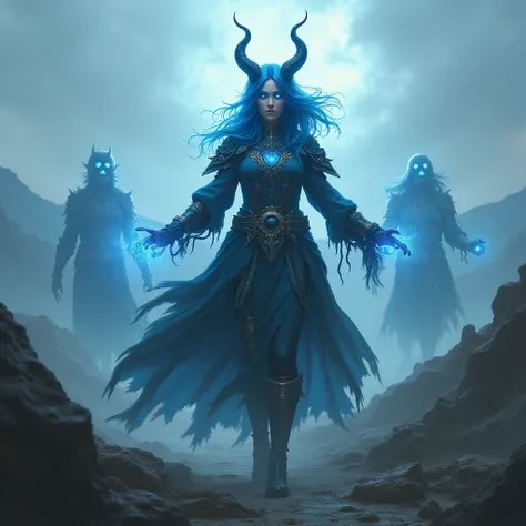 Necromancer Woman, blue hair , horns , battle hills, ghost soldiers 