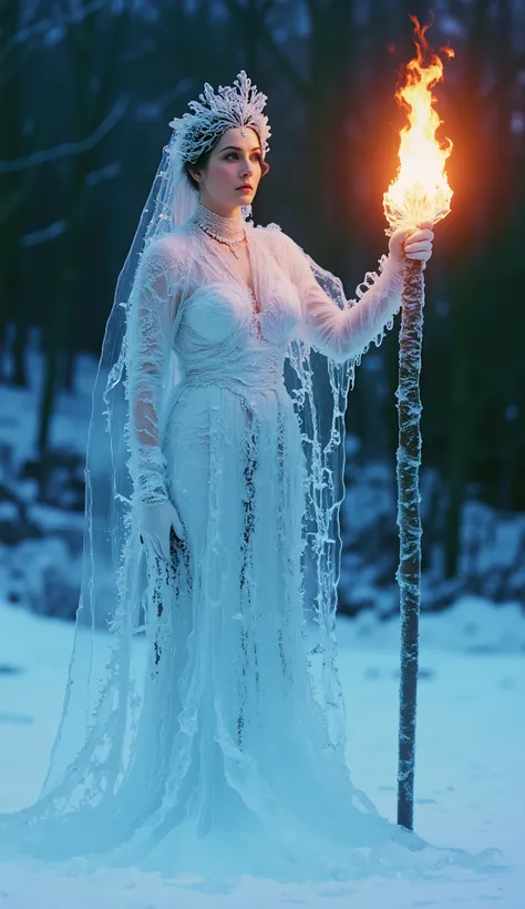 (best quality, 128k,highres,masterpiece:1.2),ultra-detailed,(realistic,photorealistic,photo-realistic:1.37), ((masterpiece)) ((photography)) ((Highest quality)) A realistic image of a woman made entirely of ice, holding a staff with a flame at the tip. The...