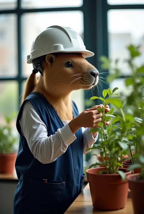 A female capybara with feminine features  ,  she has a navy blue technician vest and wears a white helmet,  is pruning leaves from plants that are in pots  ,  she is working inside an office with large windows .