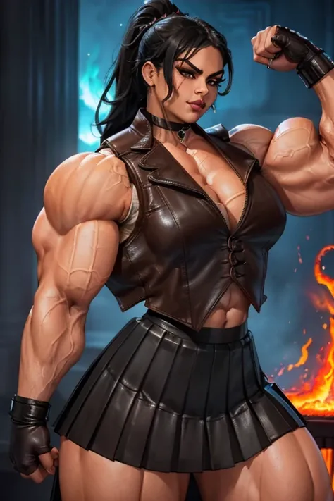 ((Close-up)), tall, (jet black hair) beautiful muscular woman, wavy ponytail, brown skinned, smirking, (black lipstick), (massive muscles), (hyper muscle), ((ginormous bulky muscles)), white eyes, ((((leather vest and long pleated skirt)))), (fire and flam...