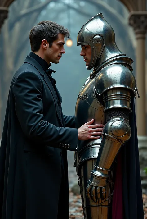 Handsome sorcerer in a black robe and a black suit with a tie using healing magic on a handsome man dressed in armor with a Victorian costume underneath wielding a sword