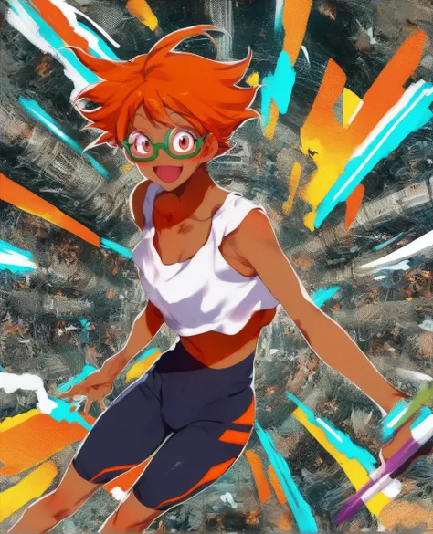  score_9, score_8_arriba, score_7_arriba, score_6_arriba, score_5_arriba, score_4_arriba,
edwardxl , blush stickers , dark skin,
 midriff, orange hair, white, collarbone, open your mouth,
 cycling shorts, smile,glasses on ,
 space station, indoors, science...