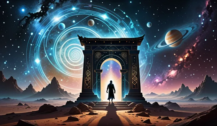 "A mystical portal in deep space, glowing with swirling light and ancient symbols. A lone traveler, silhouetted against the cosmic gateway, stands at the threshold, ready to step into the unknown. The portal represents the journey toward universal truth, w...