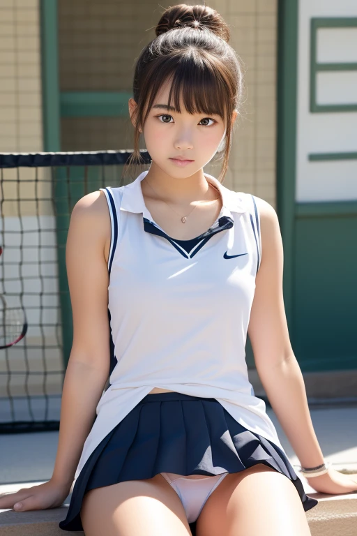 18-year-old girl,Young appearance,Baby Face, cute, short,They look like Japanese middle school students、Tennis wear, skirt, very accurate and realistic 、 sitting indoors in POV, White Panties、 panties in a black suit are visible, 5 fingers on right chest,T...