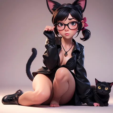 octane 3d cute cartoon, nsfw, realistic,best quality,masterpiece, detailed, Loli, glasses, pigtail up, on knees, black_cat_costume, necklace with bell, nipples, cat_headband_black, blushing, black_cat_paws, paws_pose, 