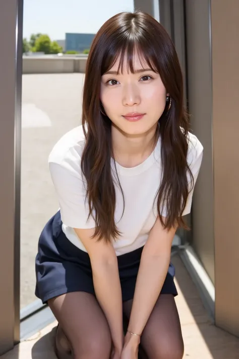 (happy expression on the face :1.26)、Unprocessed photo 、(((BEAUTIFUL FULL BODY SHOT )))、(( shiny skin))、 in the seat、Beautiful 17-year-old girl from Prague 、 bright expression 、((  brown hair))、 Girl in sweatshirt 、 skirt、View from the floor 、( long stocki...