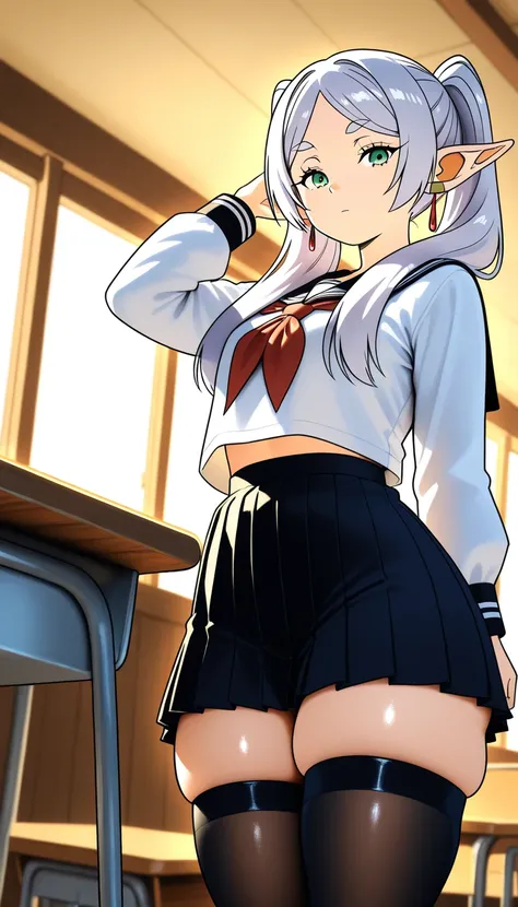 Frieren, School uniform, Black stripped stockings, School desk, thick thighs, (fit thighs), awesombrosos style