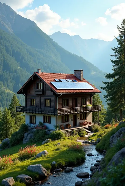  A house on the top of the mountain 2 storey dublex house on the roof of the house solar panel to generate electricity next to the wind rose next to the house with garden to generate electricity stays above the forest with a view of the house house on the ...