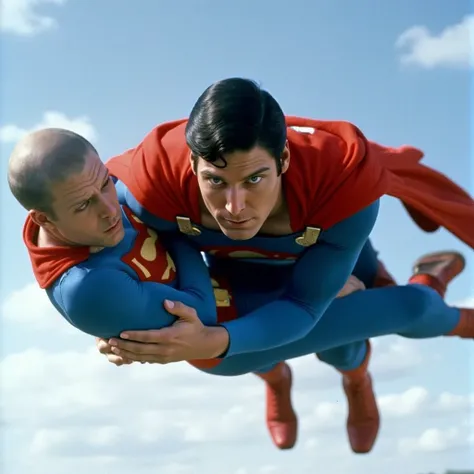  Superman flying .Superman face .Holding Lex is Bald man in your arms Superman and his Lex , Bald, White man in black suit .  Superman holding bald Lex flying through the sky .  The movie version of a powerful man in Superman's costume  ( Think of Superman...