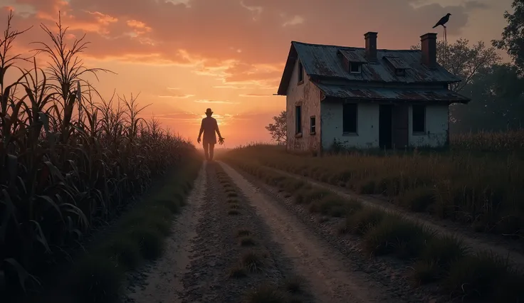 Create a highly detailed and immersive background image that captures the haunting atmosphere of a remote, abandoned farm in the Brazilian countryside. The scene should be set at dusk, with the sky painted in deep shades of orange and purple, casting long ...