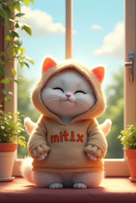 white cat in a sweater and a hood and on the sweater there is mit1x lettering with a window in the background and beautiful summer weather outside the window