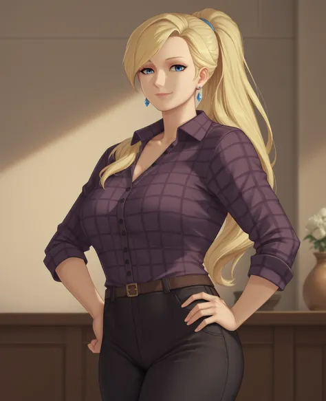 1girl,solo,mm,mature female,blonde hair,blue eyes,ponytail,long hair,earrings,jewelry,anime coloring,
purple flannel shirt, black pants,looking at viewer, light smile,indoors,hand on own hip,
,masterpiece,best quality,amazing quality,