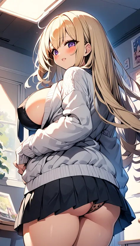 1 girl　  cute girl 　 anime style　Anime face 　  anime style　 beauty　 huge tits　 big breasts　  jacket with lace that shows all of the back is a white cardigan　 black color pleated skirt 　Slender Very dark black thong with leopard print　Very small thong 　Tiny...