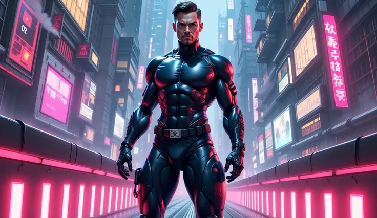 Illustrate a dynamic scene of a futuristic man in a high-tech suit standing on a neon-lit bridge in 2369. His rugged facial features and determined expression merge with vibrant retrowave aesthetics. Detailed cybernetic enhancements on his face and arms ad...