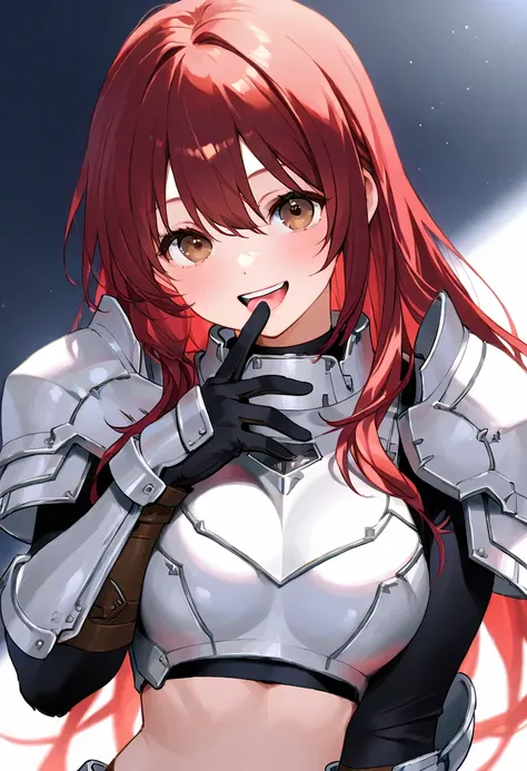 ( fantasy world、 Female Warrior)、((  1 female ))、(( red hair))、(())、((white plain sports bra、((Western light armor ))、Fighting Gloves、))、  Masterpiece、  high resolution、  high quality 、32K、 (  brown eyes、  delicate eye description  )、( open your mouth、smil...