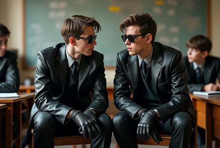 Two young male British students Bully in black leather school uniform, sporty sunglasses, Leather gloves,  leather business shoes, Sitting in the classroom 
