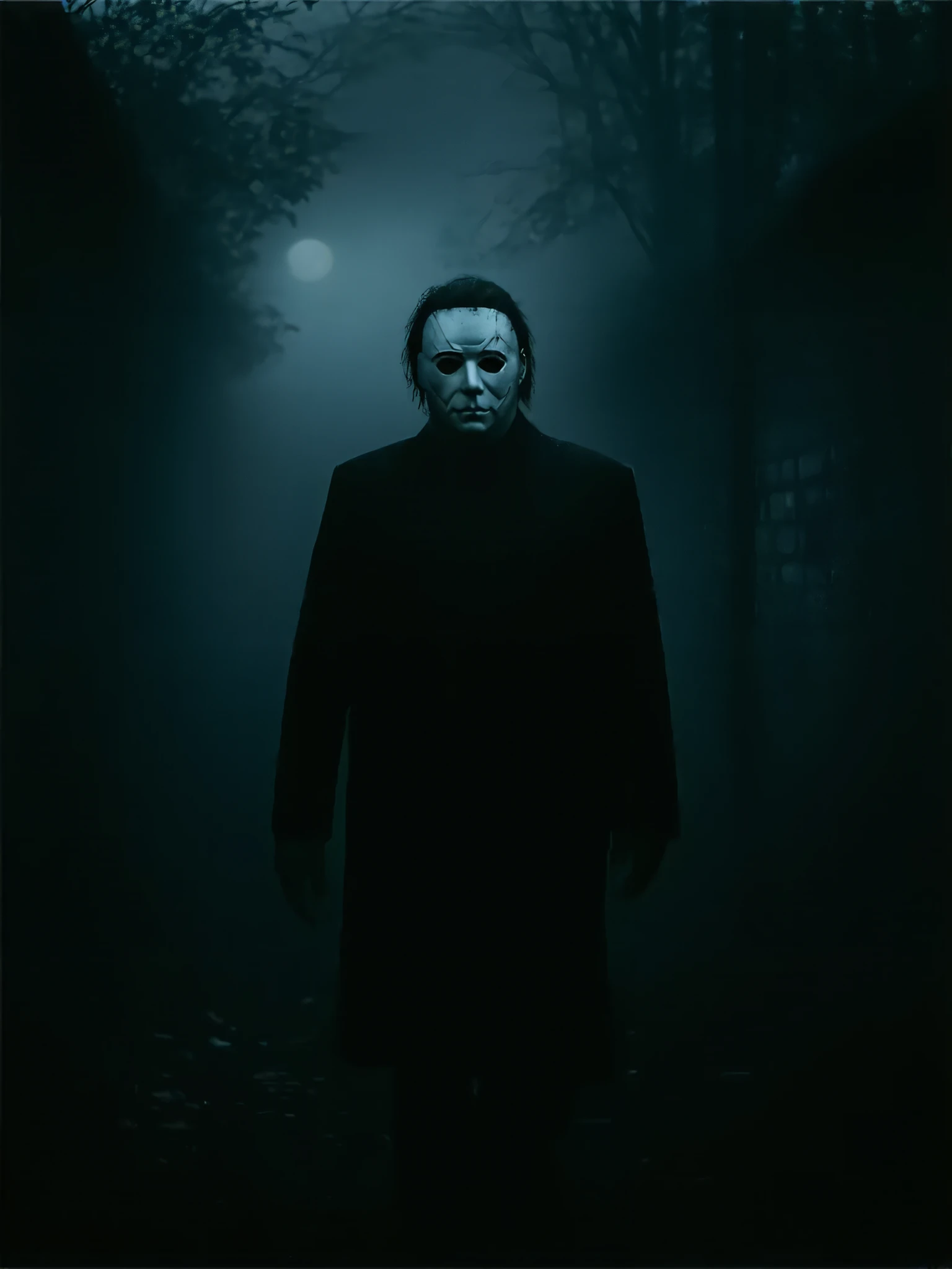 Michael Meyers, horror, macabre, dark, nighttime, dark alley background, dark surrealism, high detail, masterpiece.