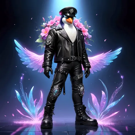 Magical enchanted fantasy world that combines flower-punk and gem-punk, an extremely badass anthropomorphic penguin wearing an insanely cool black leather biker jacket open, black leather biker hat, black shirt, black leather biker gloves, black leather bi...