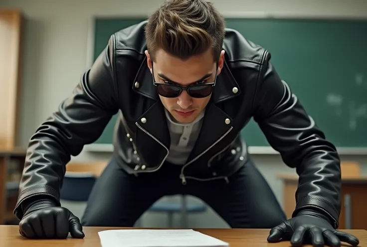 A young male British student Bully in black motorcycle leather, sporty sunglasses, Leather gloves, Leather business shoes and another male student sitting in the classroom 
