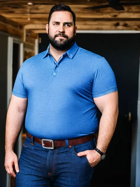 insecure dad, in his 30s, 5 oclock shadow, shirt, jeans, overweight, handsome, in mancave