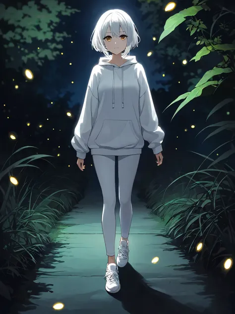 1 girl, white hair, masterpiece, short hair, one long strand with pigtails, in a white long sweatshirt , white leggings , sneakers, walks at night , fireflies