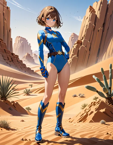 (masterpiece), (best quality), (high res), highly detailed, professional, 1girl, superhero, blue choker, blue eyes, blue footwear, blue gloves, matching boots, high leg, (blue briefs, high-waisted belt, blue tank top, elastic sleeves), bare legs, (gold sta...