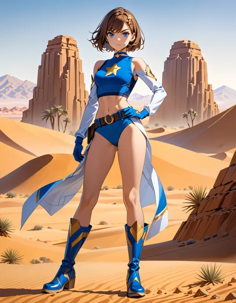 (masterpiece), (best quality), (high res), highly detailed, professional, 1girl, superhero, blue choker, blue eyes, blue footwear, blue gloves, matching boots, high leg, (blue briefs, high-waisted belt, blue tank top, elastic sleeves), bare legs, (gold sta...