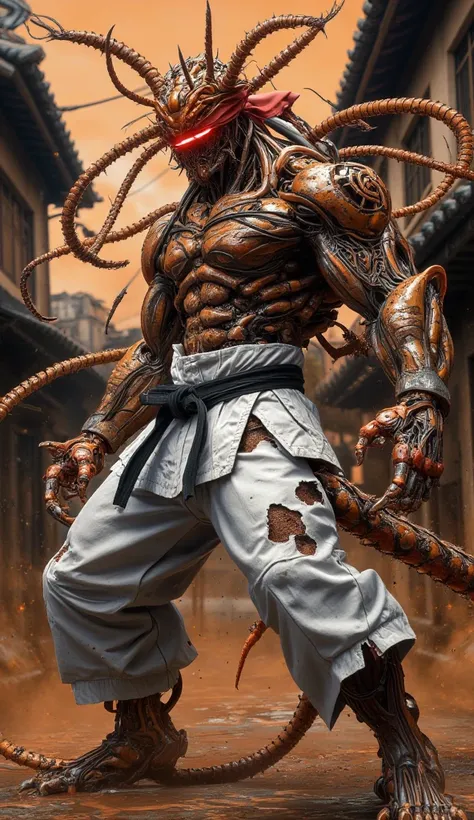 Imagine Ryu from Street Fighter, in a karate fighter stance. He's transformed into a terrifying biomechanical monster. His body is now a grotesque fusion of flesh, twisted orange roots, and rusted metallic hydraulic components, exposing glowing biomechanic...