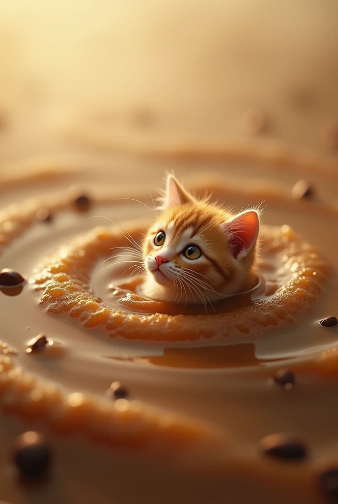 tinny cat swimming in coffee ocean 