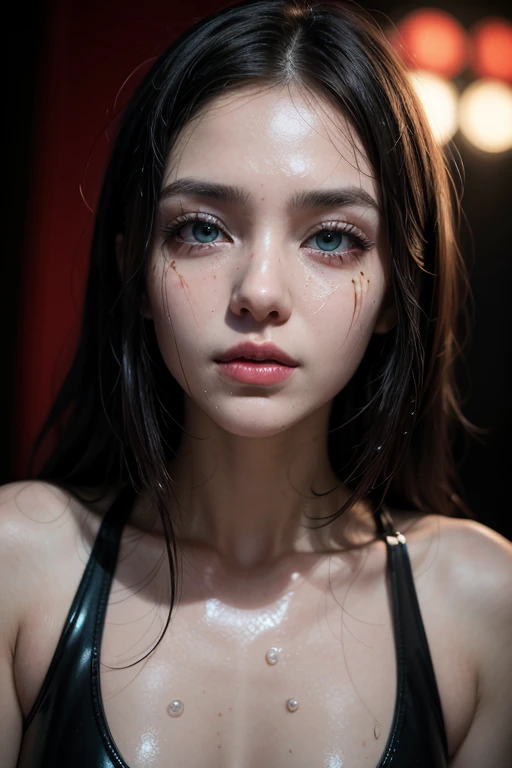 24 years old, european girl, 85 kg, 170 cm, wearing latex, black eyeliner dripping, black makeup dripping, Ultra realistic, fetish model, 
ultra-detailed, red light on his face, reflection of red light on his face in contrast to the background, teal backgr...