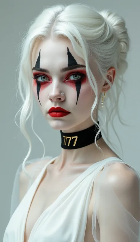 
"Depict a delicate yet mysterious female clown with a gothic yet elegant aura. Her white hair is styled in a slightly messy updo, with loose strands subtly framing her face, giving her a natural yet sophisticated look. Her makeup mirrors the first referen...