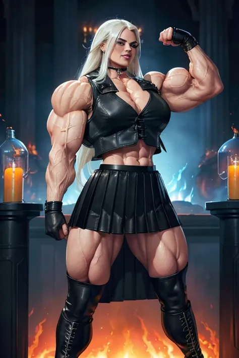 ((Close-up)), tall, (white hair) beautiful muscular woman, long hair, black skinned, smirking, (black lipstick), (massive muscles), (hyper muscle), ((ginormous bulky muscles)), blue eyes, ((((leather vest and long pleated skirt)))), (fire and flame environ...