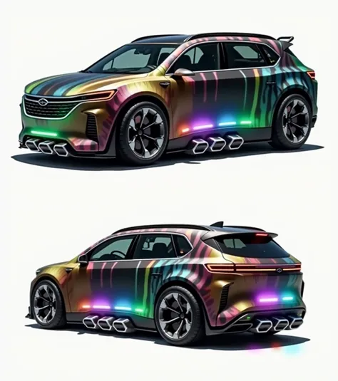 Futuristic hypercar minivan hybrid, covered in rainbow batik pattern and glowing rgb runes, underglow, spoiler, roof cargo box, front lamp, fog lamp, rocket thrusters, vtol thrusters, bottom thrusters, side thrusters, wings, jet engine, exhaust pipes, fron...