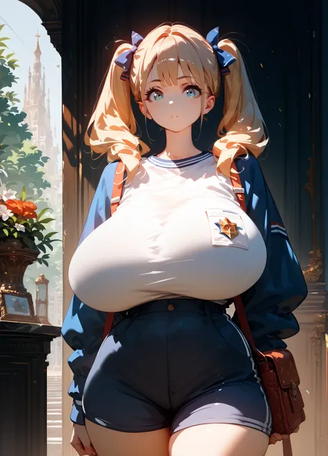 Perfect illustration, masterpiece, 16K quality, ultra-detailed, perfect quality, popular school girl, enormous huge wide puffy pudgy curvy breasts, twin tails