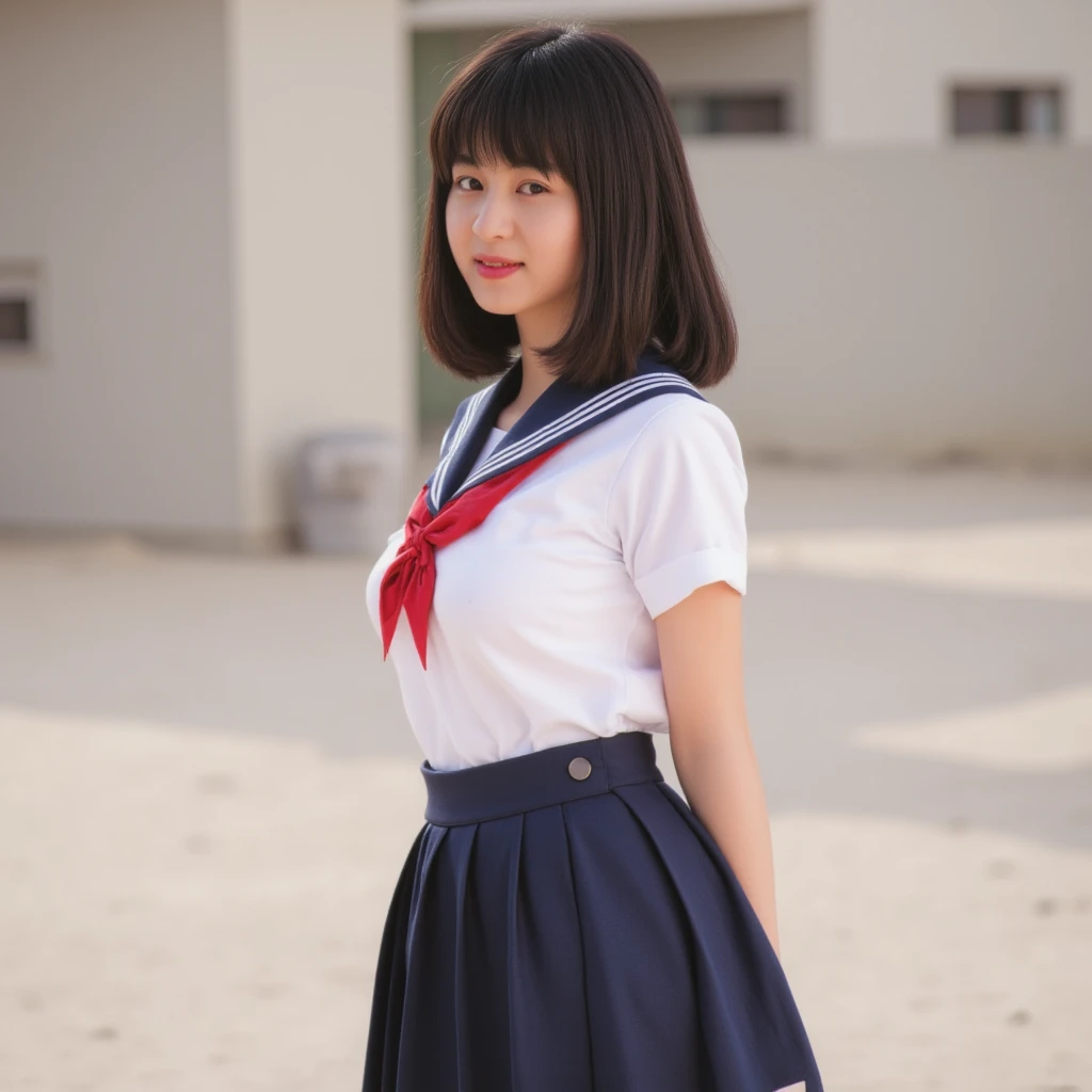 Mika, 3d, 1girl, solo, perfectly focused, best focus, realistic skin texture, masterpiece, highest quality, photorealistic, panty shot, (school uniform, frilled skirt, from back:1.5)