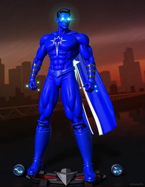 male superhero with short black hair, dark blue costume, glowing white eyes, dark blue skin, dark blue cape,white star above his chest